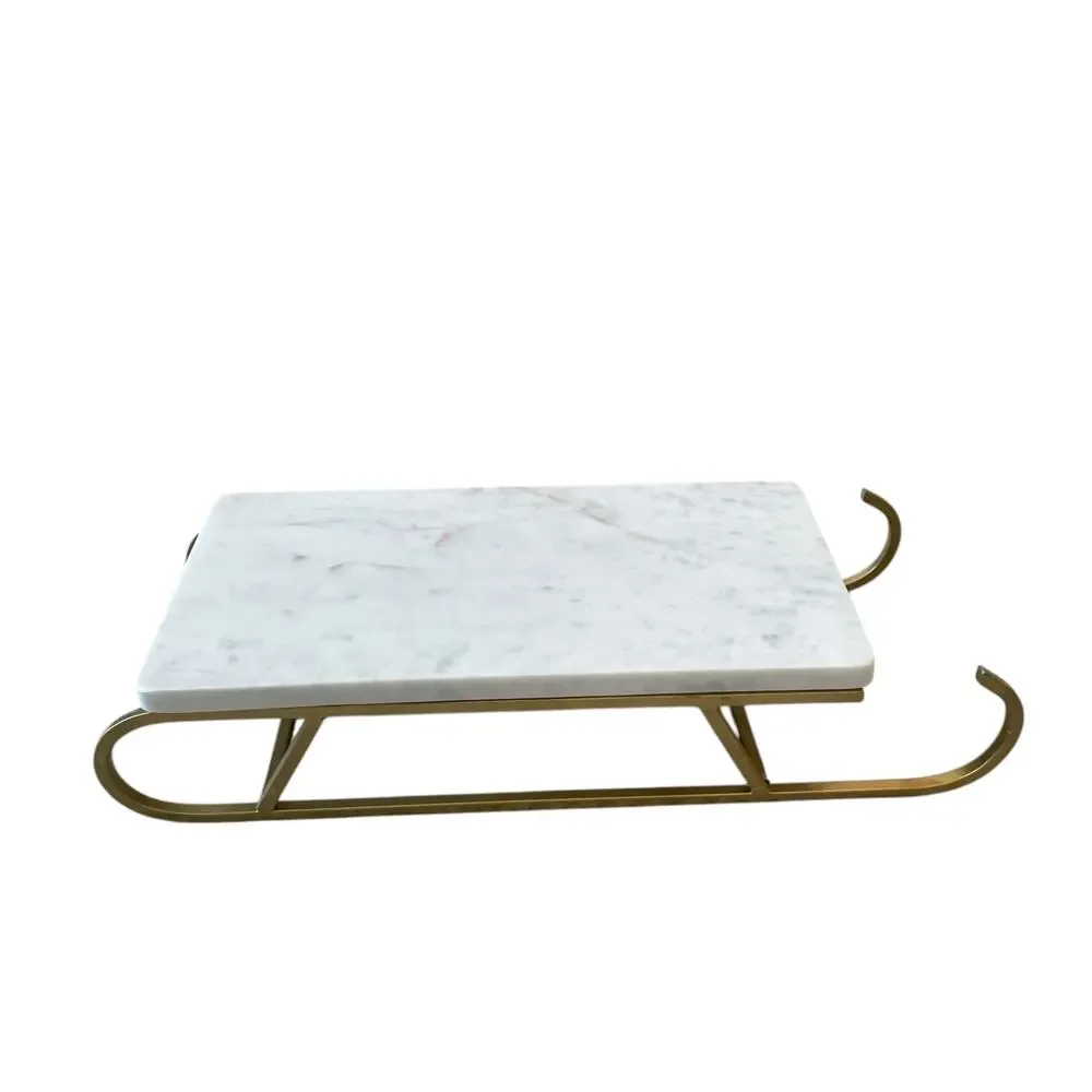 Marble Sledge Holiday Serving Tray 18x8 White & Gold Metal Handmade in India